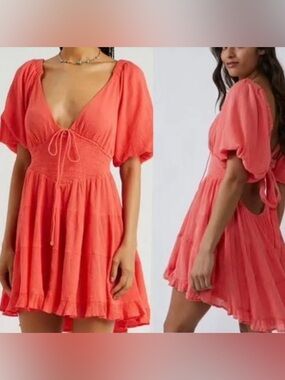 Free People Coral Tie-Front Puff Sleeve Mini Dress 100% Cotton